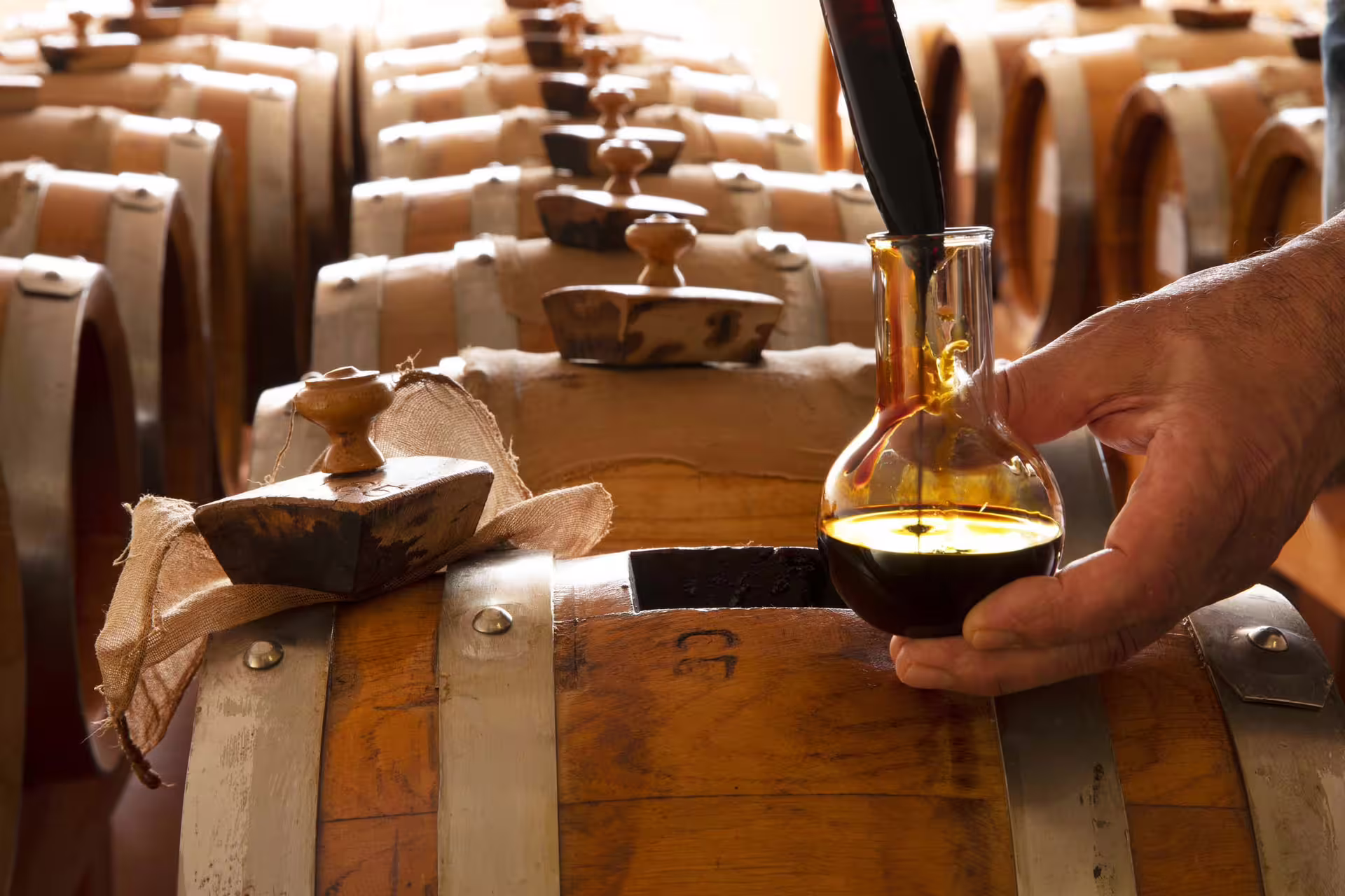 Pouring aged Aceto Balsamico Tradizionale in Modena vinegar cellar, barrel room tour and tasting