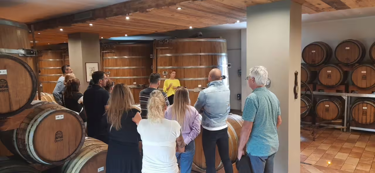 A group listens attentively during a Modena vinegar tour inside a rustic cellar with large wooden barrels.