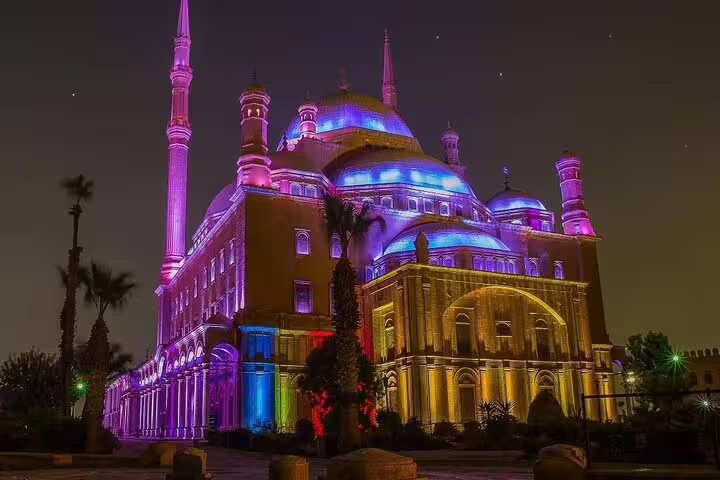 Mohamed Ali Mosque at Cairo Citadel illuminated at night, iconic stop on Cairo museum and citadel guided tour