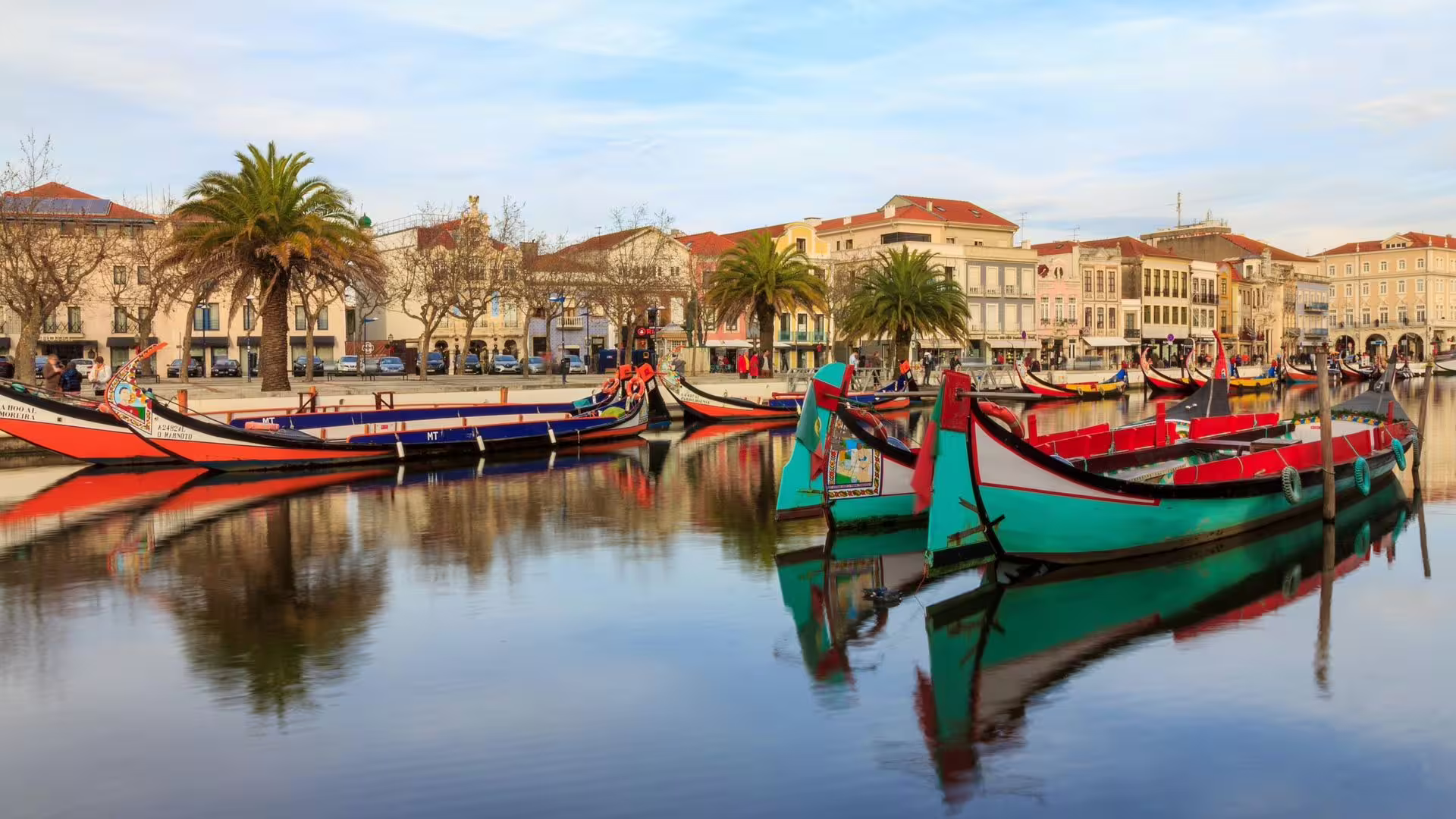 Traditional moliceiro boats reflecting in Aveiro's canal with palm trees and vibrant buildings in the background.