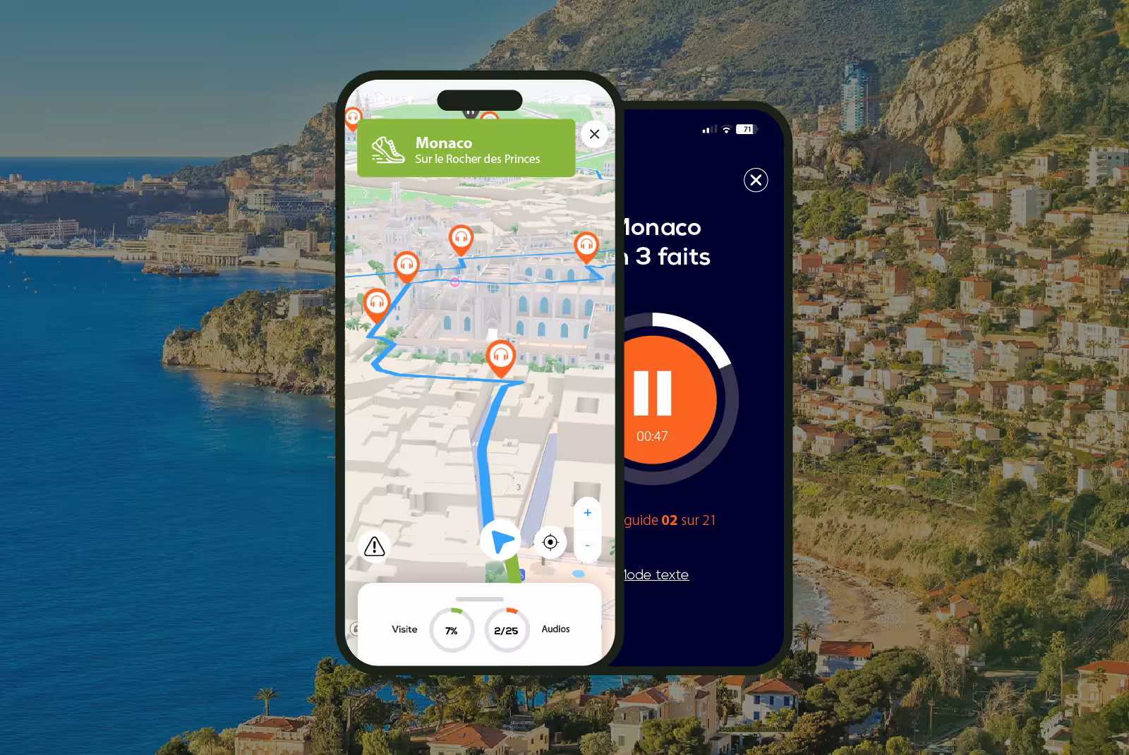 Monaco audioguide mobile application interface on smartphone with the bay and the palace in the background.