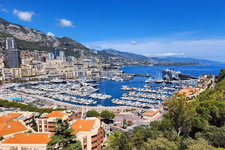 Scenic view of Monaco's luxurious marina with yachts and cityscape, perfect for a private day tour experience.