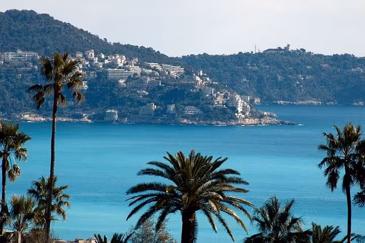 Turquoise bay of Monaco with palm trees and hillside villas viewed from Nice