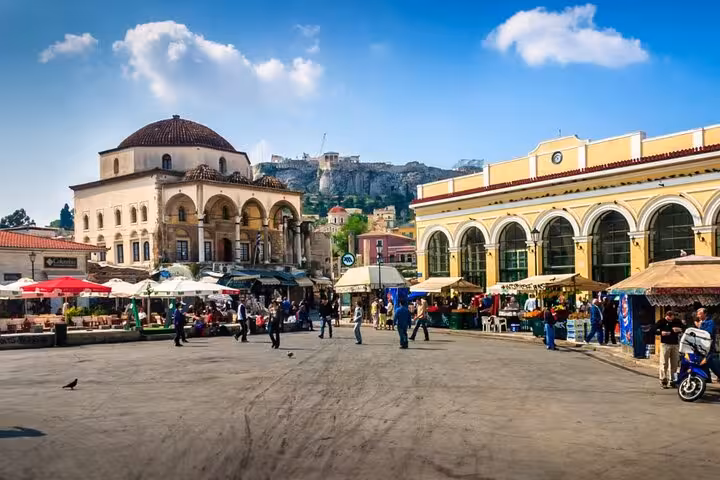 Monastiraki Square and market stalls with Acropolis view on a best of Athens full-day private city tour