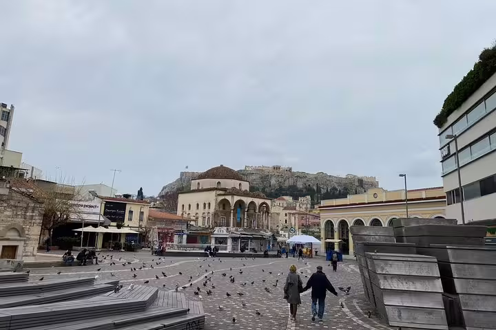 Monastiraki Square view toward the Acropolis in Athens, key sight on a walking tour with skip-the-line entry ticket