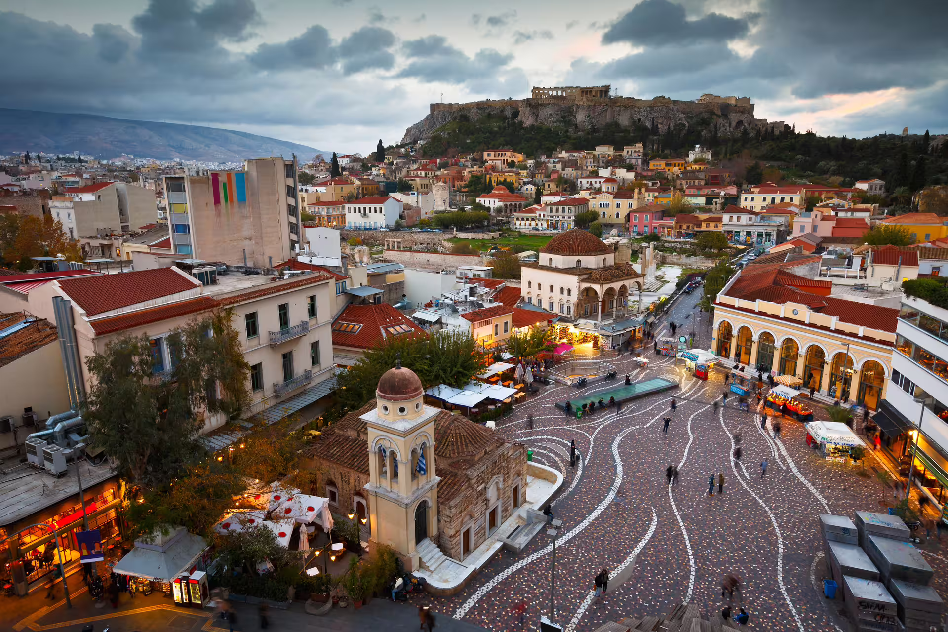 Monastiraki Square Athens with Acropolis hill view at dusk, highlight of Best of Athens full-day city tour