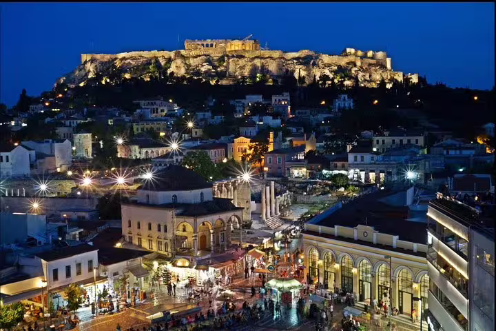 Monastiraki Square at dusk with Acropolis lit above, Athens at night small-group walking tour with dinner