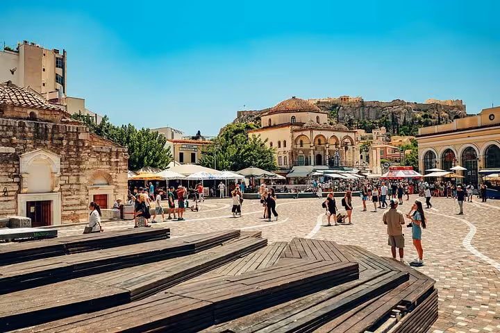 Monastiraki Square Athens with Acropolis views, a key stop on small group walk and Greek food tasting tour