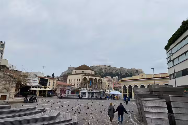Monastiraki Square Athens with Acropolis hill in the background, a key stop on an Athens night walking tour with dinner