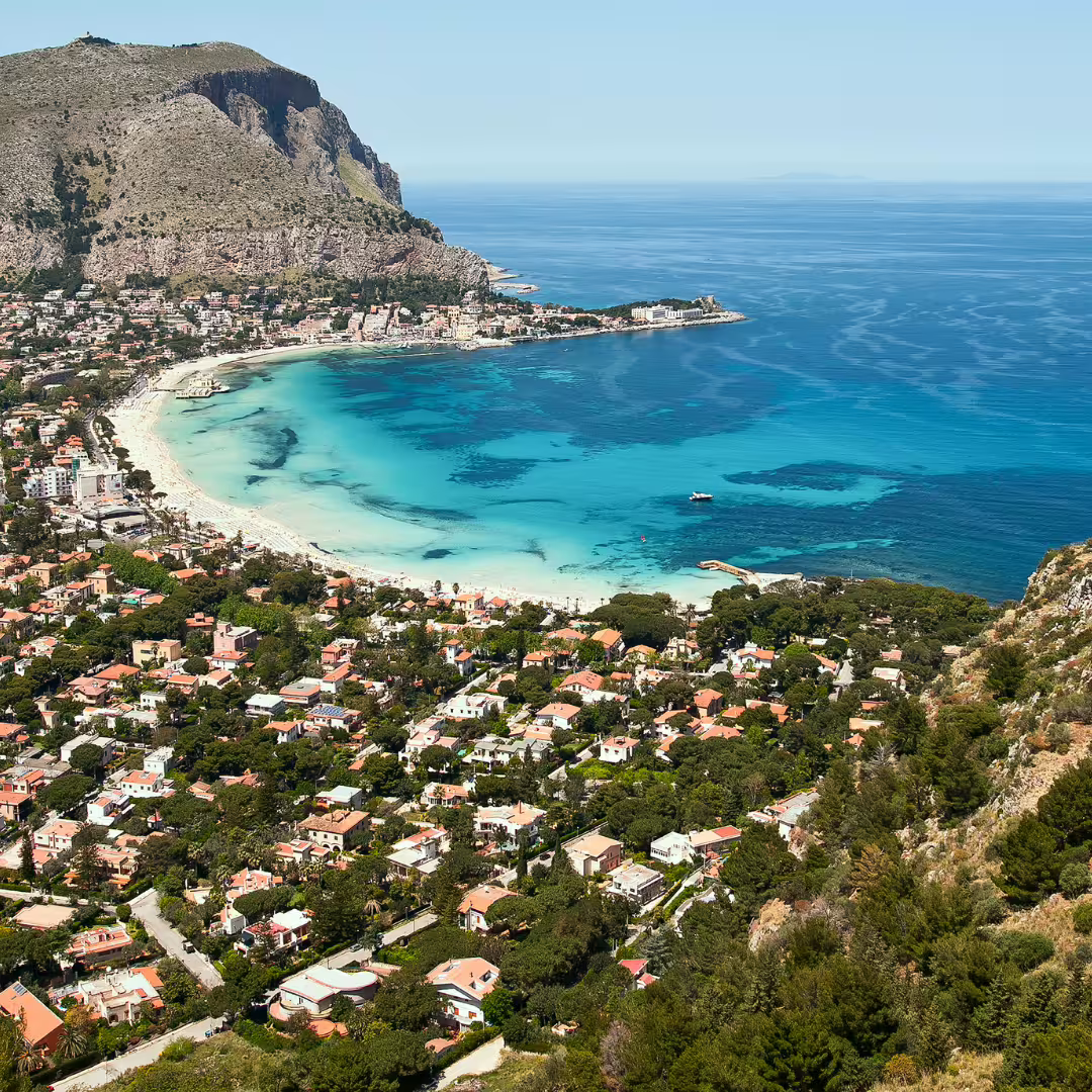 Aerial view of Mondello beach and bay near Palermo, Sicily, included in private transfer service to Palermo airport PMO