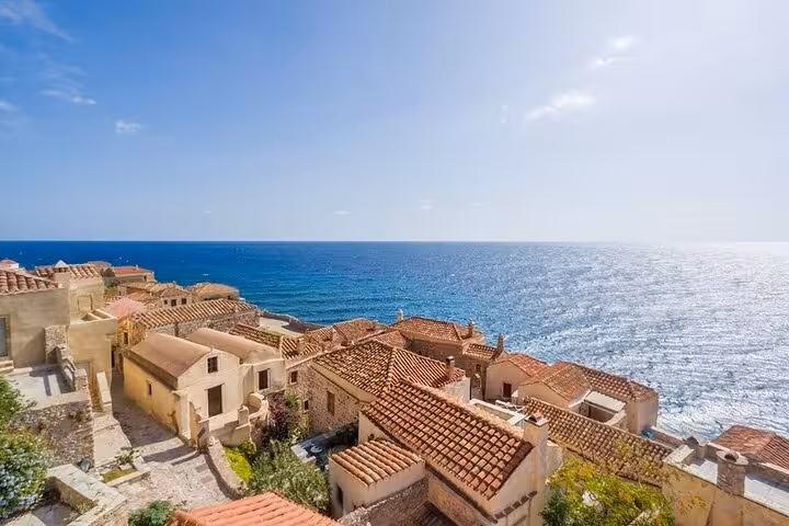 Monemvasia old town rooftops overlooking the Aegean Sea on a 2-day private tour from Sparta and Mystras