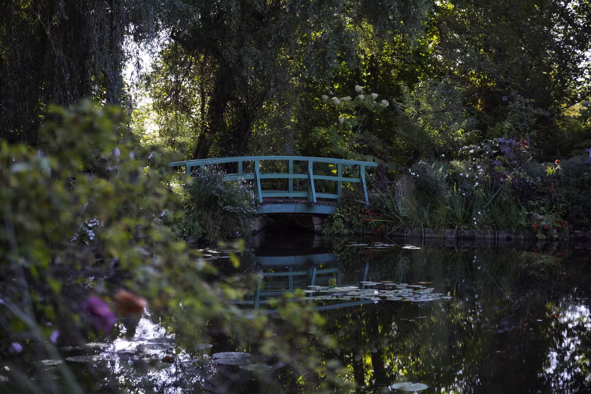 Green Japanese bridge over lily pond at Monet's Gardens in Giverny, surrounded by lush trees and flowers