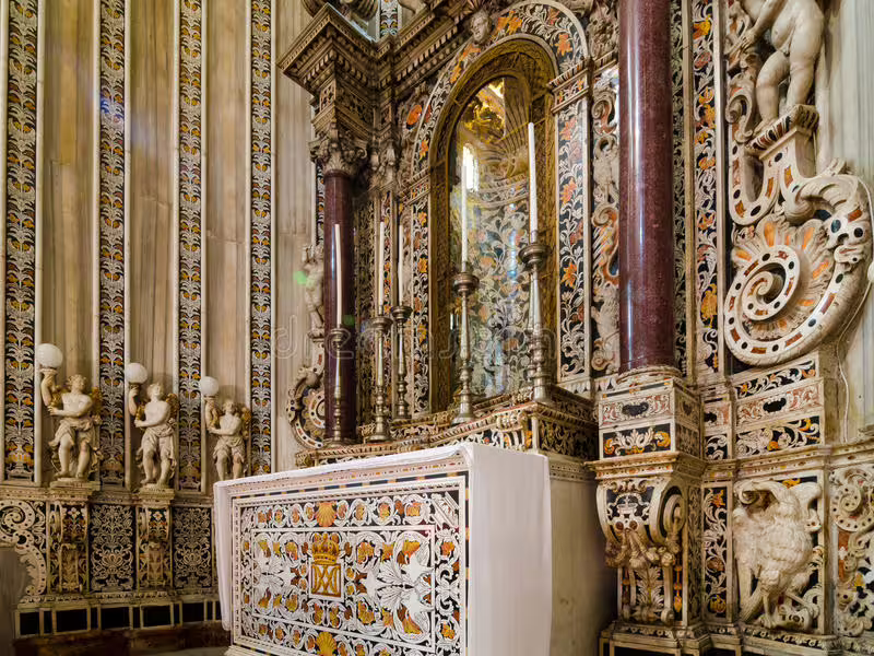 Baroque marble inlay altar and ornate chapel interior visited on Monreale and Bagheria Villa Palagonia private tour from Palermo