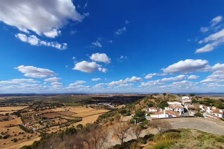 Scenic view of Monsaraz village and Alentejo countryside under a vibrant blue sky on the Évora and Monsaraz tour.