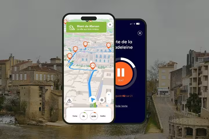 Two smartphones showing Mont-de-Marsan self-guided walking tour app with interactive map and audio guide player