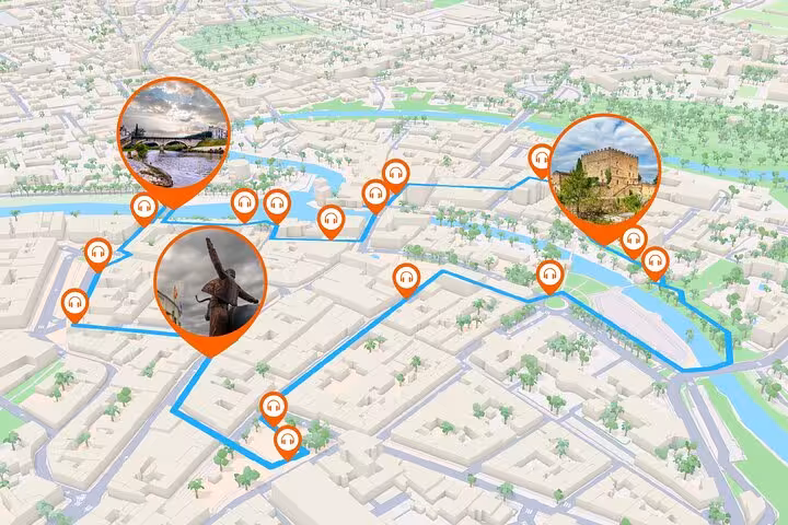 3D map of Mont de Marsan self-guided walking tour route with orange audio guide pins and landmark photos