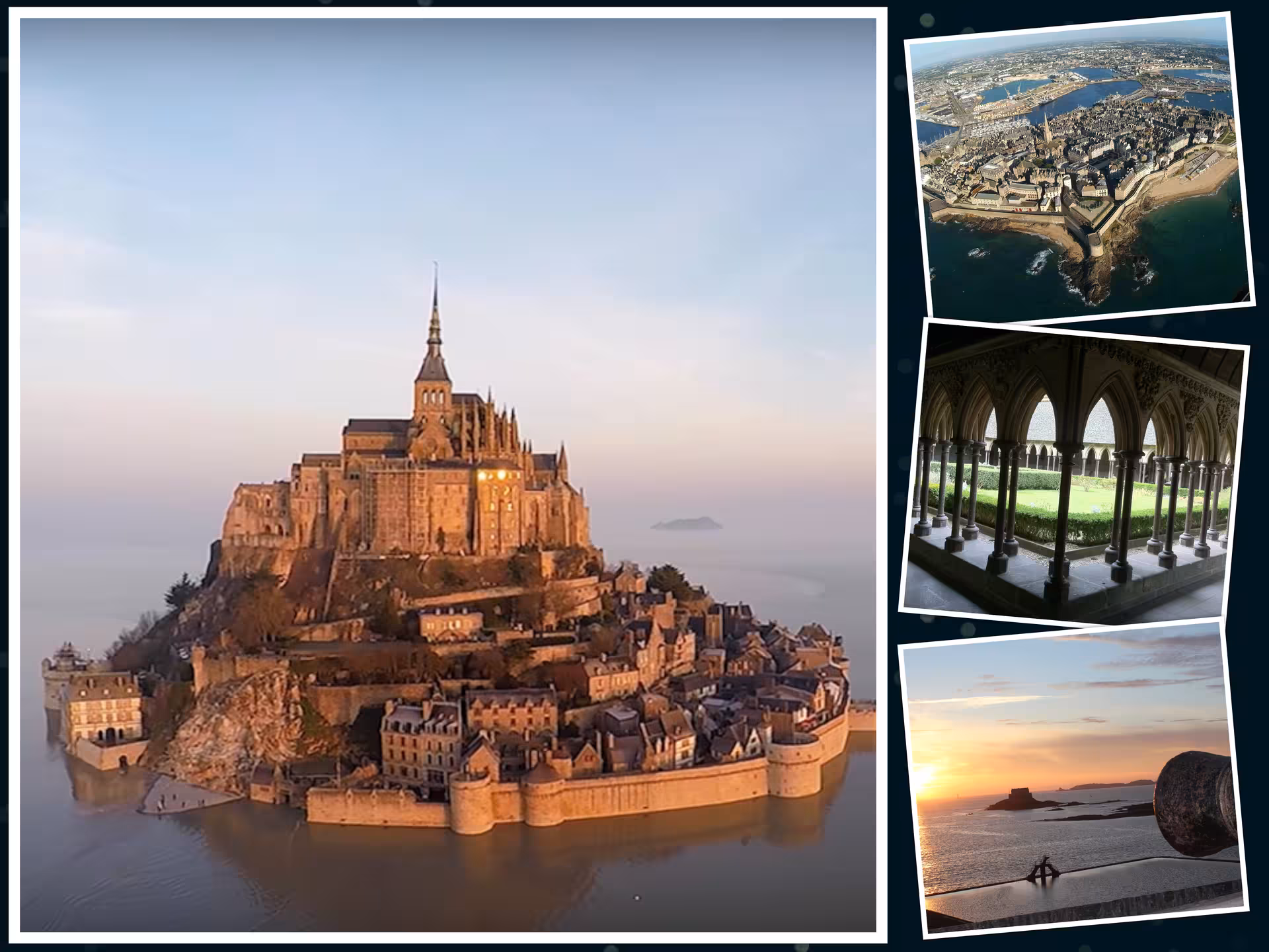 Private luxury van day trip to Mont Saint-Michel island abbey at sunset with medieval cloisters and coastal Normandy views.