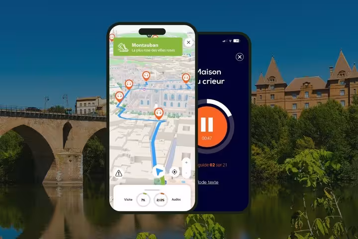Montauban self-guided audio walking tour app showing interactive map with route markers and audio guide player