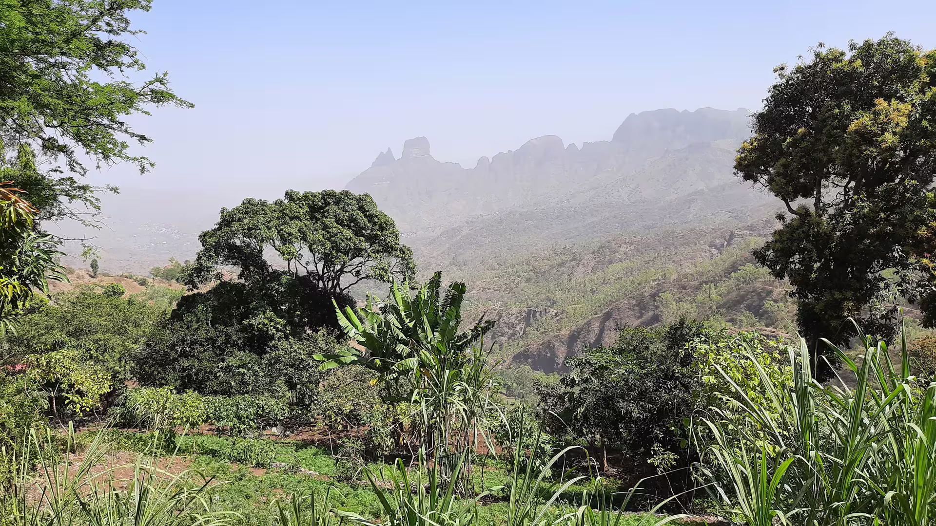 Scenic view of lush greenery and distant mountains in Monte Tchota Natural Park, perfect for Santiago's summit hike.