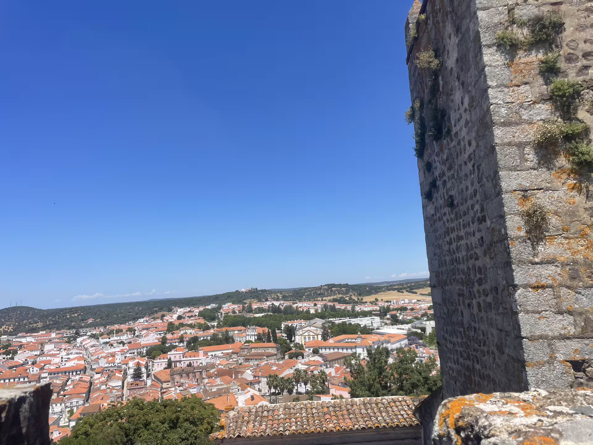 Panoramic view from Montemor-o-Novo Castle showcasing the town's red-roofed buildings and countryside.