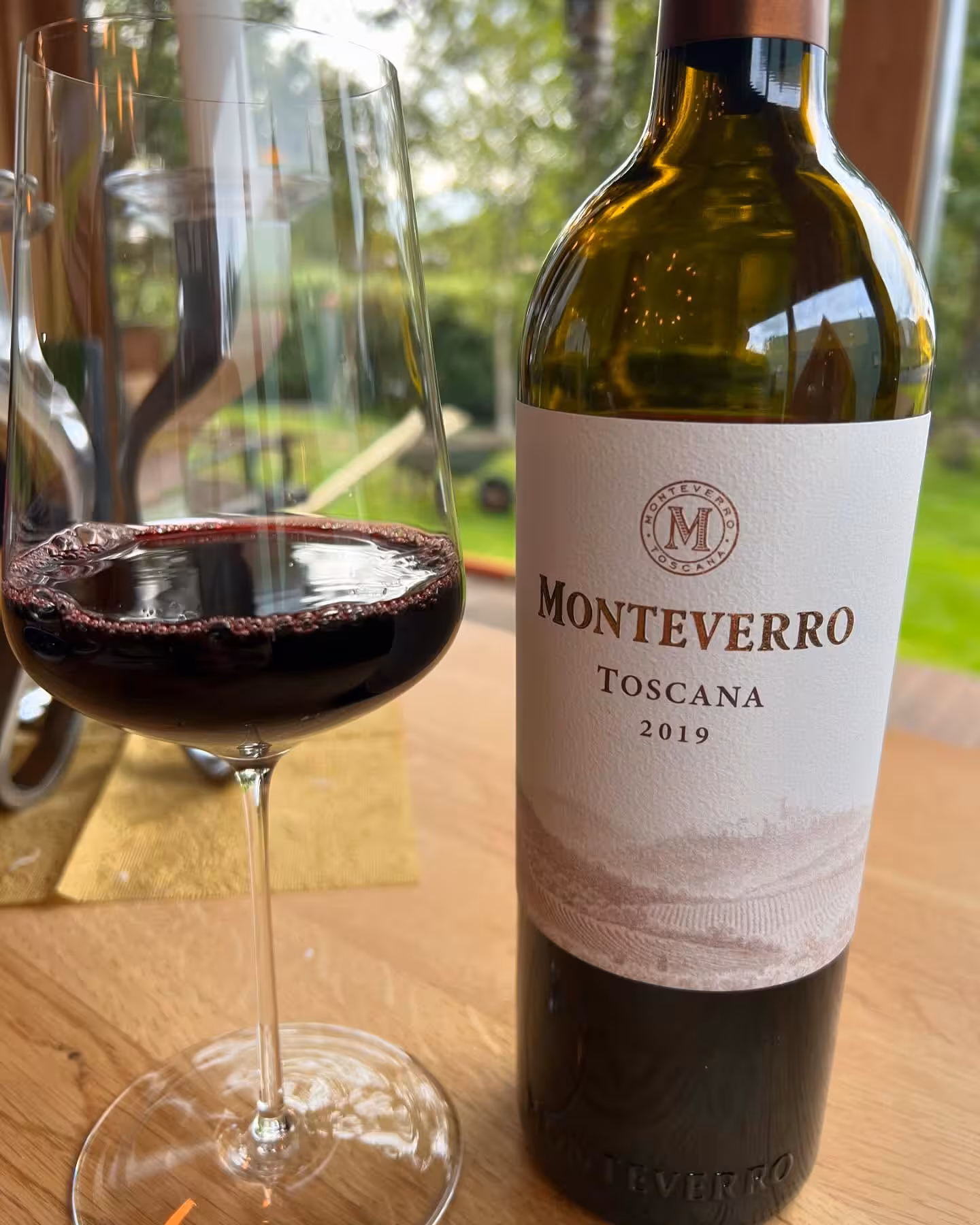 Monteverro Toscana 2019 red wine bottle and glass during a scenic lakeside wine tasting and food pairing experience.