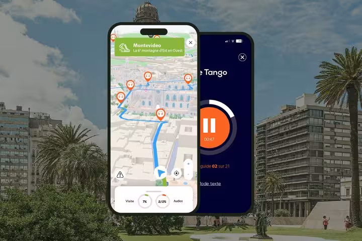 Montevideo self-guided walking tour app showing interactive map with audio guide playback on two smartphones