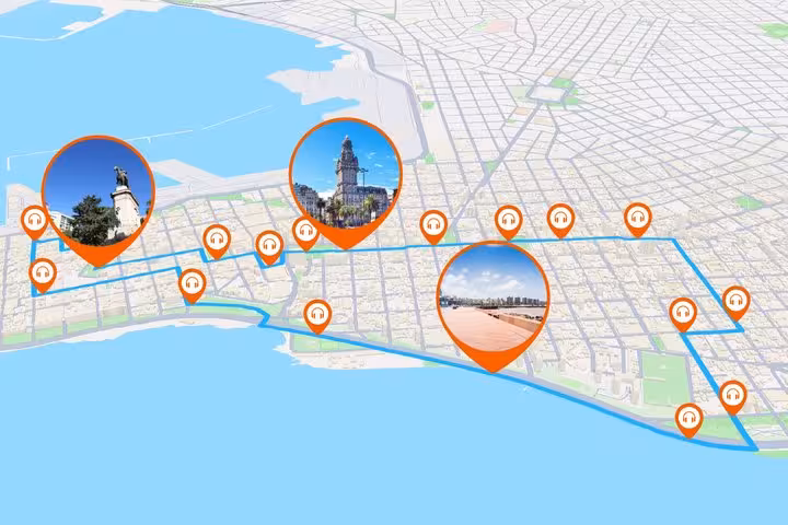 Map of Montevideo self-guided walking tour route with orange audio guide pins marking key landmarks and attractions