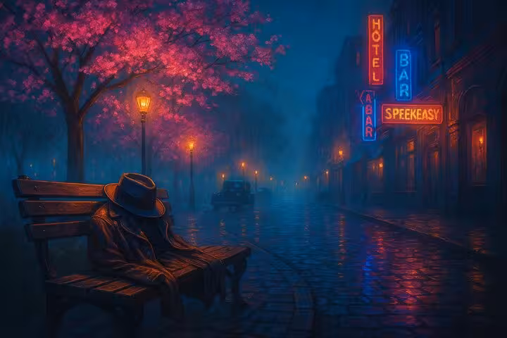 Foggy cobblestone street at night with neon speakeasy bar signs, blooming tree, and lone figure on bench