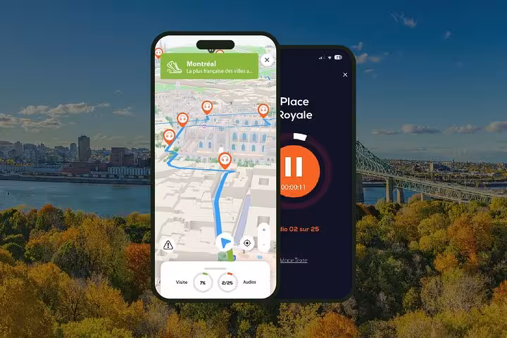 Montreal self-guided walking tour app showing GPS map with audio guide playing at Place Royale