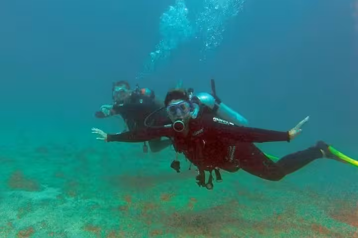 Two divers explore the underwater world during a morning diving baptism tour, surrounded by clear blue sea.