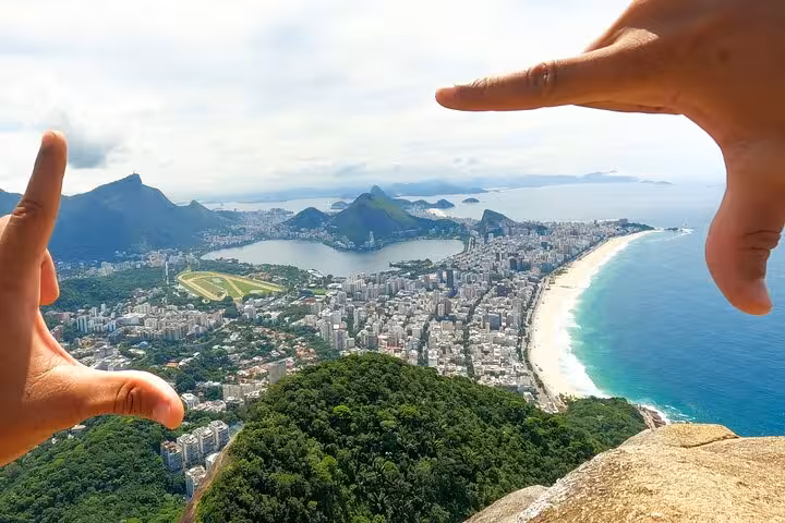 Framed view of Rio de Janeiro's iconic coastline and cityscape from Two Brothers hill, perfect for photography enthusiasts.