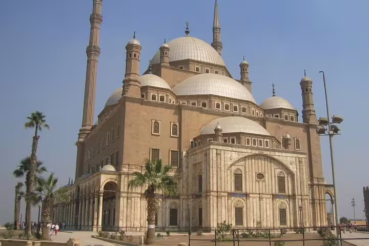 Exterior of Mosque of Muhammad Ali at Cairo Citadel with domes and minarets on Cairo city tour