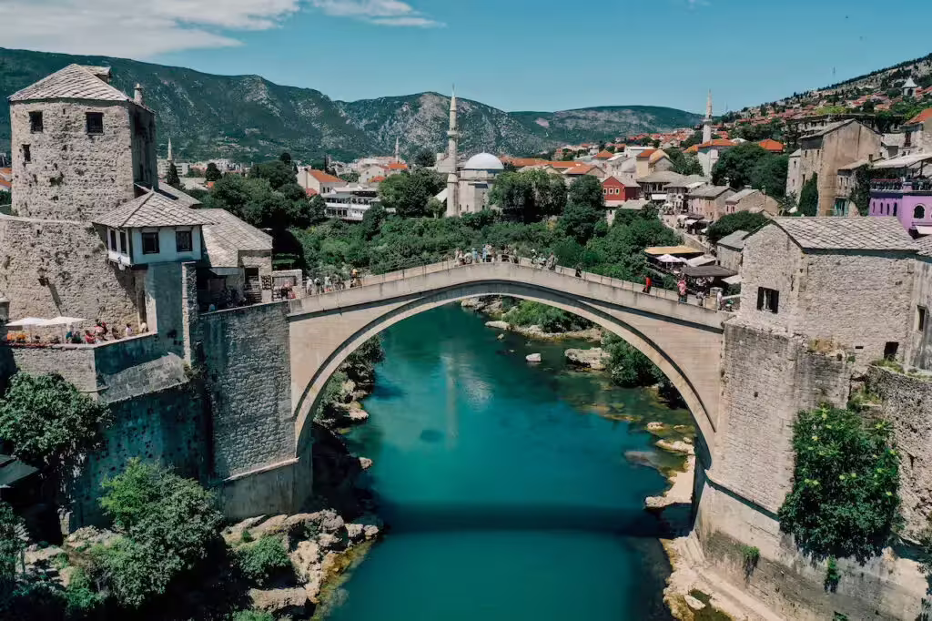 Mostar Old Bridge over the Neretva River, Bosnia day trip on scheduled Mostar & Kravice waterfalls tour