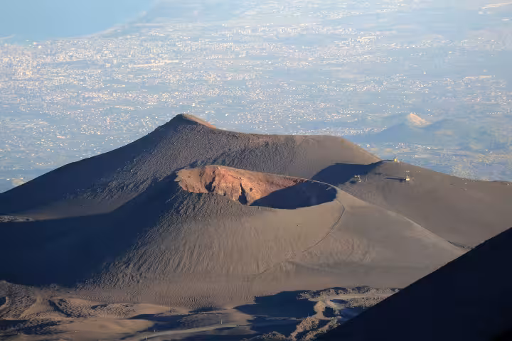 Panoramic view of Mount Etna south side crater and volcanic slopes, full-day Etna excursion from Palermo