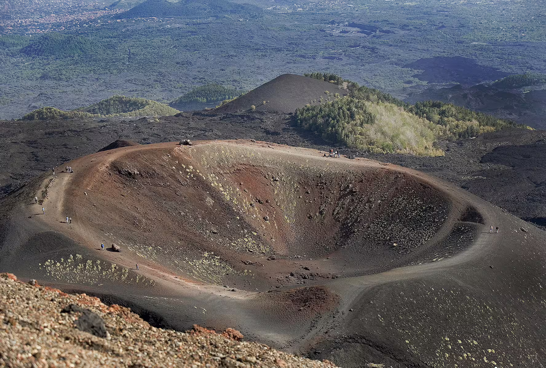 Panoramic view of Mount Etna south side crater and lava fields, trekking highlight on full-day trip from Palermo