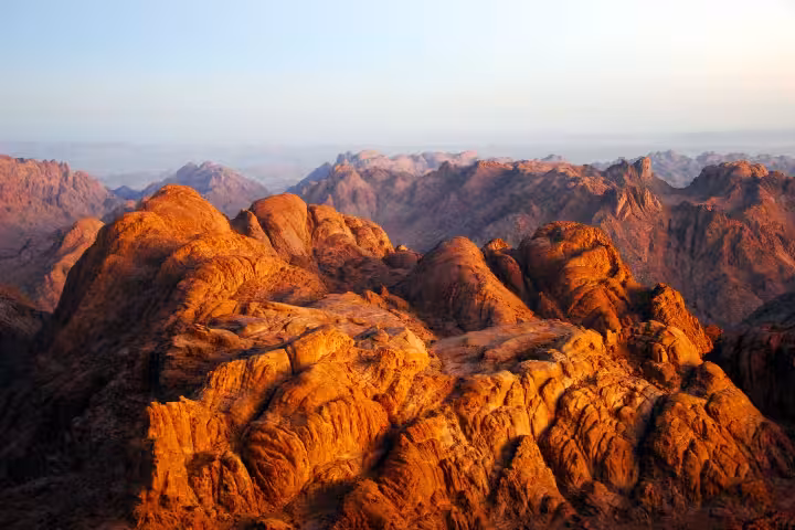 Panoramic Mount Sinai desert mountains at dawn, iconic landscape on Moses Mountain and St. Katharine day trip