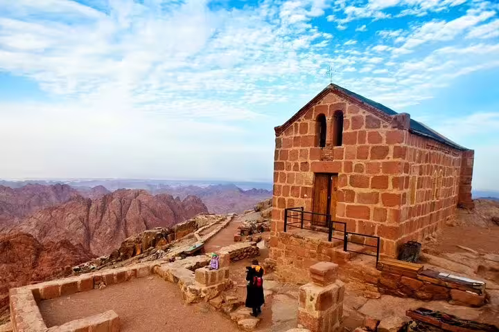 Stone chapel at Mount Sinai summit near St Catherine Monastery, highlight of private Sharm day tour hike