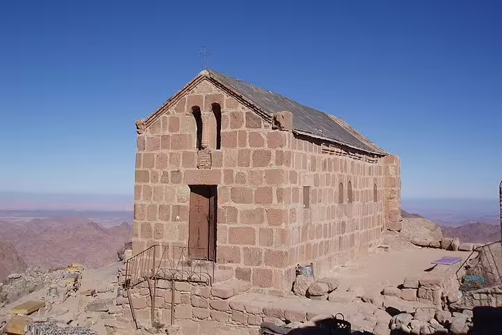 Stone chapel at Mount Sinai summit on climb from Sharm El Sheikh to St Catherine Monastery, Egypt