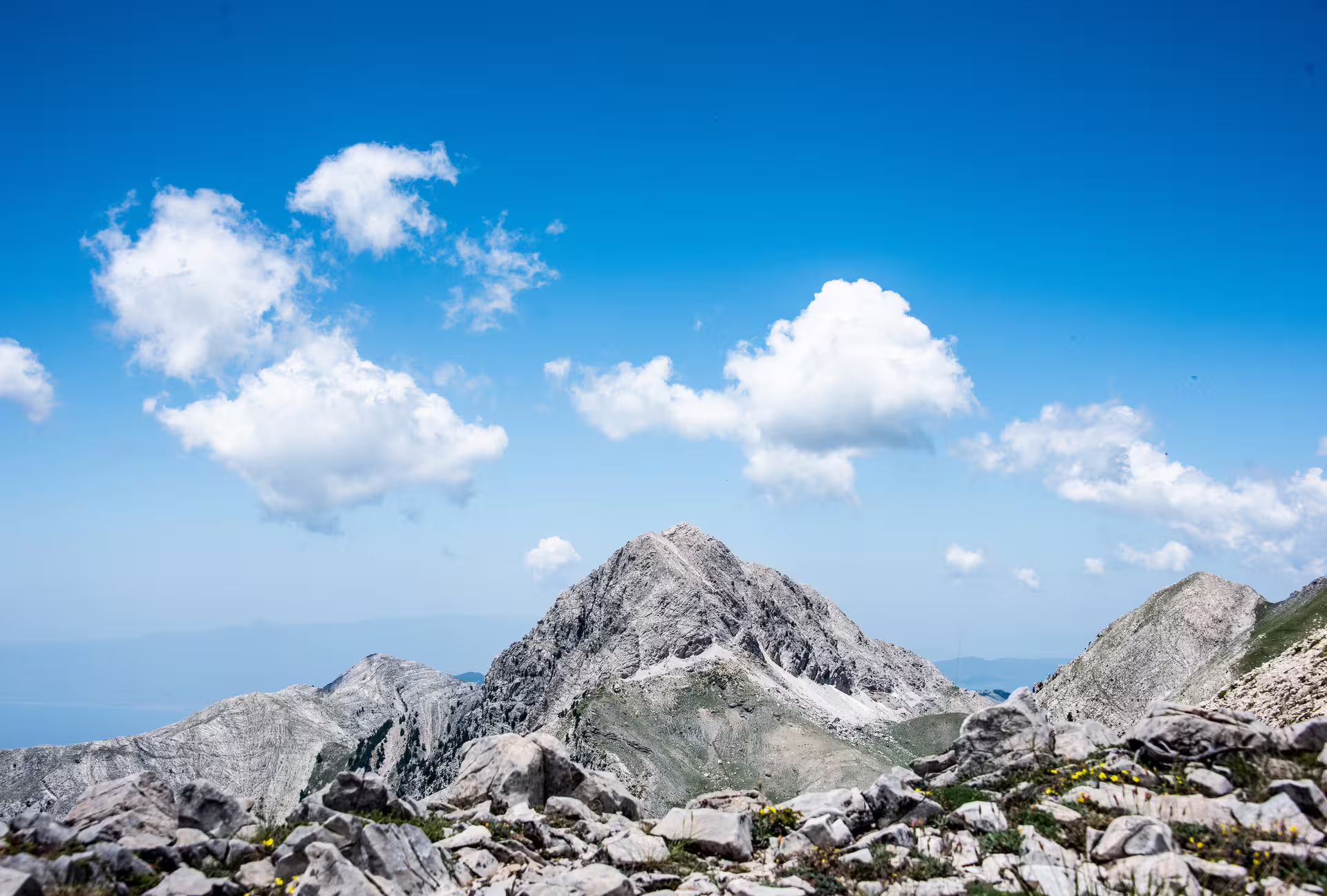 Rocky Mount Taygetos peaks near Profitis Ilias 2407m, Greece, with alpine scenery and blue sky on summit hike