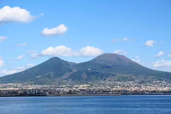 Panoramic view of Mount Vesuvius rising above the Bay of Naples, seen on a Pompeii shore excursion day trip