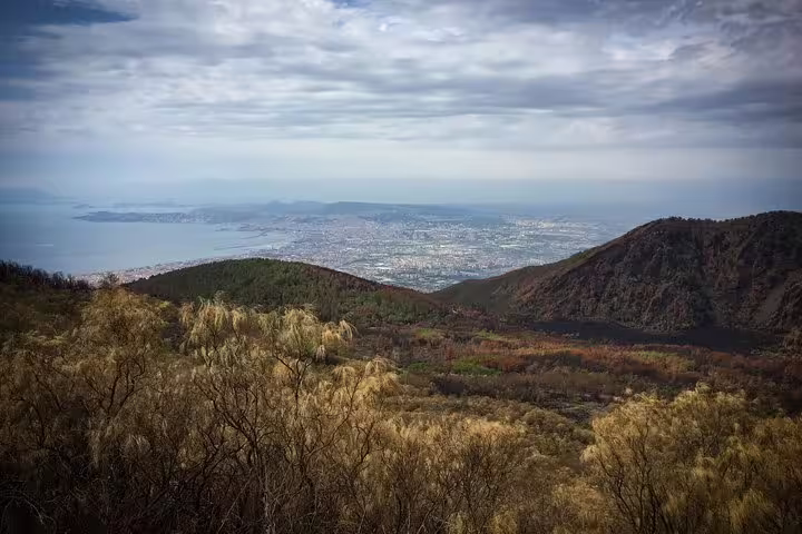 Panoramic view from Mount Vesuvius over Naples and the Bay on a group tour from Naples with guide