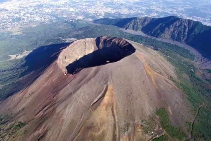Aerial view of Mount Vesuvius summit crater, highlight of VIP small-group tour with skip-the-line ticket