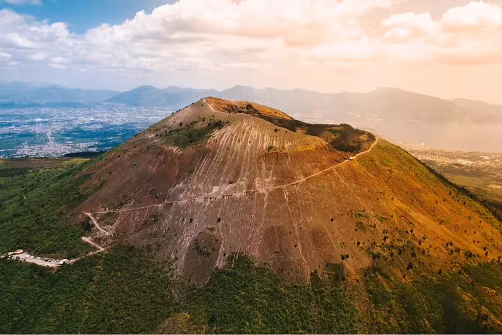 Aerial view of Mount Vesuvius summit ridge at sunset, VIP small-group tour with skip-the-line ticket