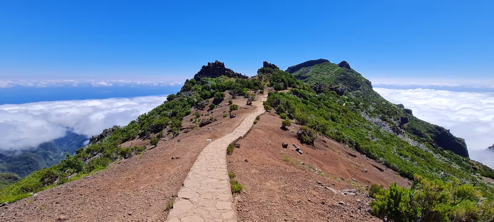 Stunning mountain ridge path above the clouds, offering expansive views and a serene hiking experience under clear skies.
