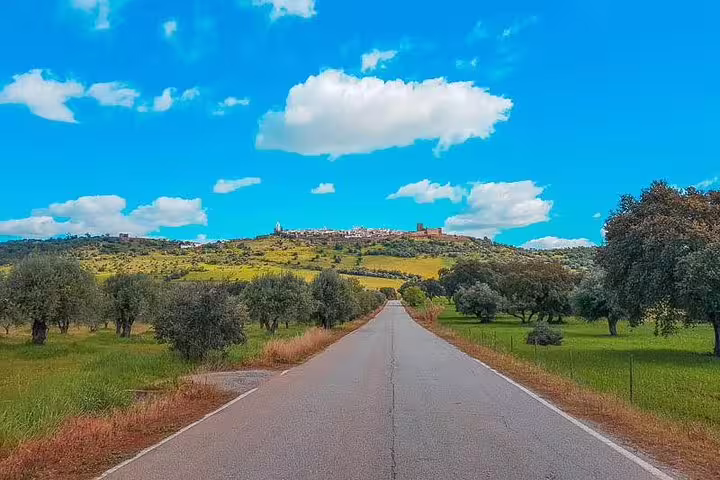 Picturesque road leading to Moura with lush green fields and a clear blue sky, perfect for a day excursion.