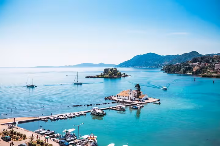 Mouse Island and Vlacherna Monastery view in Corfu, a top stop on a private guided shore excursion tour
