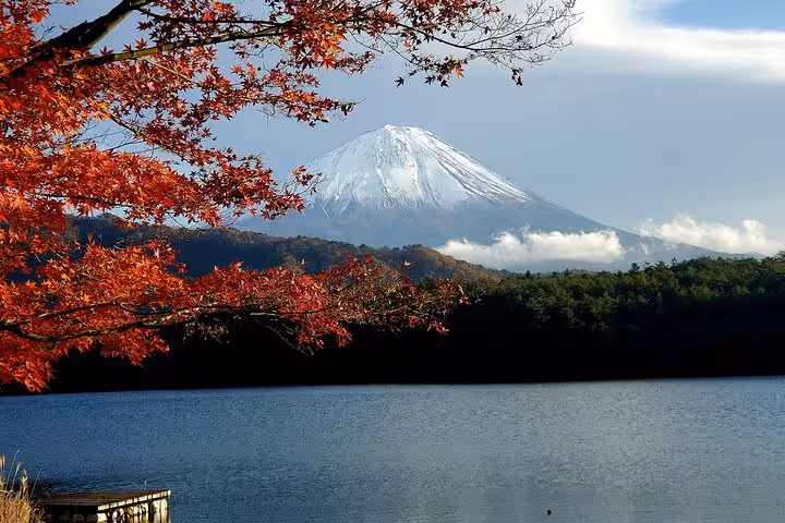 Scenic view of Mt. Fuji with autumn leaves and lake, perfect for a customizable Hakone private tour.