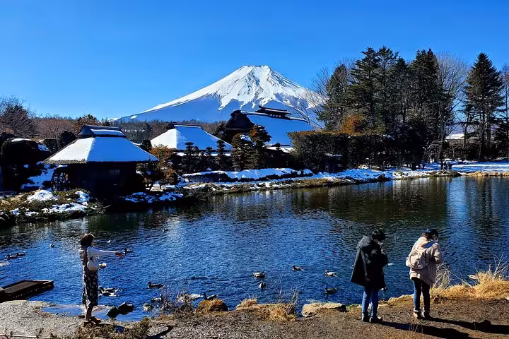Picturesque Mt. Fuji and traditional Japanese village by a serene lake, ideal for an English guided tour.