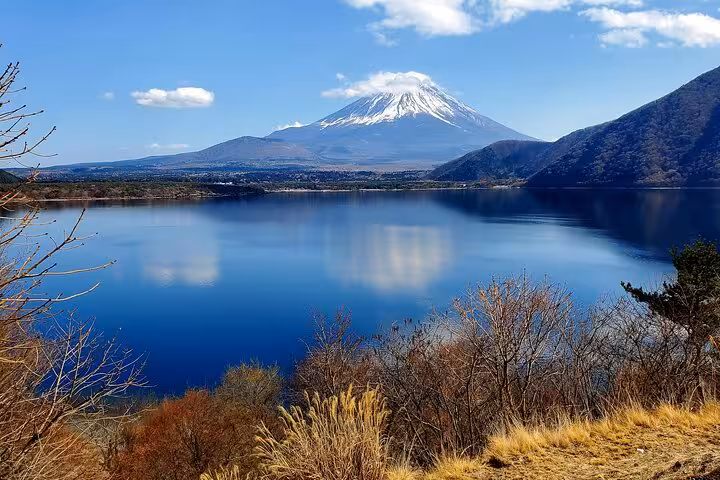Scenic view of snow-capped Mt. Fuji reflected in Kawaguchi Lake, featured in the English Guided 2 Days Mt. Fuji Tour.