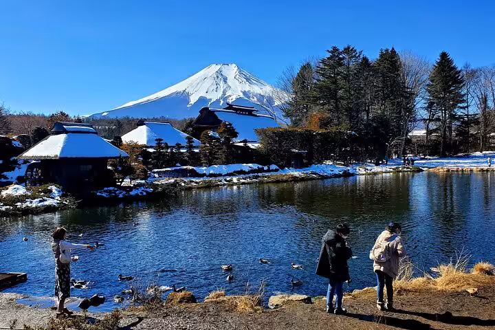 Tourists enjoying a stunning winter view of snow-capped Mt Fuji with traditional Japanese village on a 2-day guided tour
